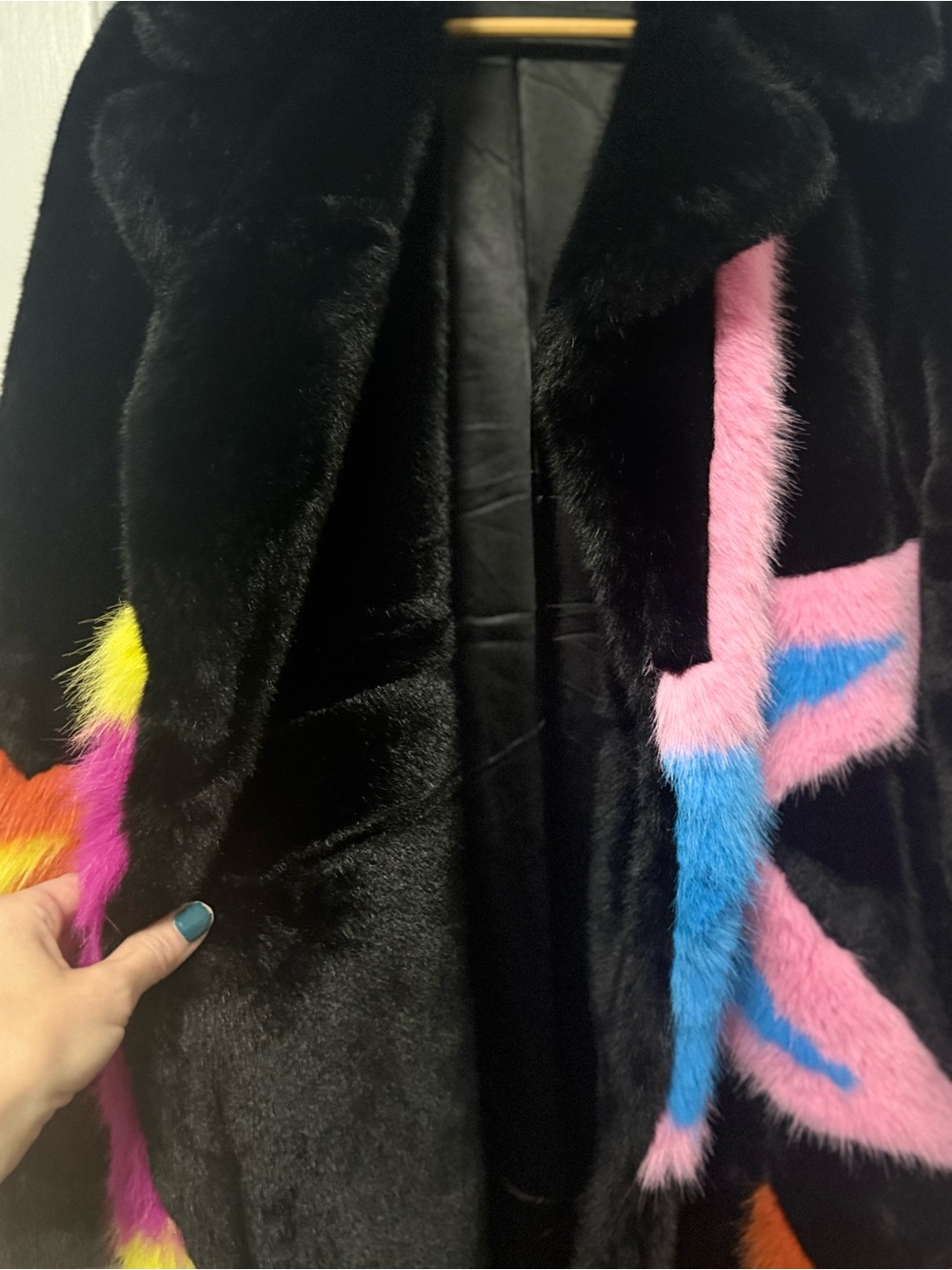 Black Faux Fur Coat with Neon Star & Stripe Patches. - Picture 7 of 9